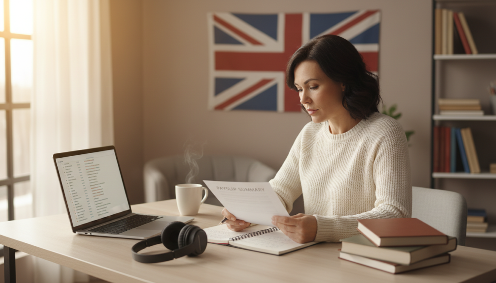 Professional translator reviewing UKVCAS payslip summary document